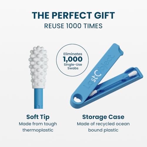 LastSwab¢ç Reusable Cotton Swabs for Ear Cleaning - Sanitary Alternative to Single-Use Q Tips - Easy to Clean - Comes with a Convenient Travel Case Holder - Blue