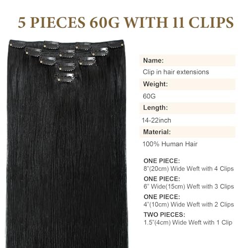 Clip-In Human Hair Extensions 14 Inch Natural Black Brazilian Straight 60G