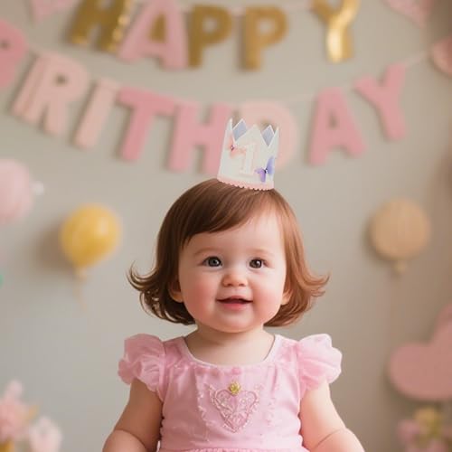 1st Birthday Crown Hat with Glitter and Butterfly Embellishments