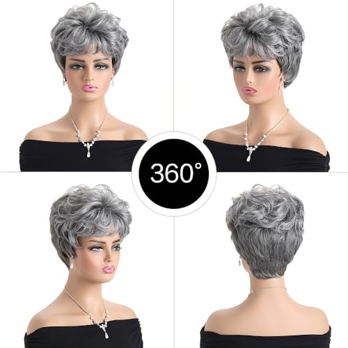 Short Curly Silver Grey Pixie Wig with Bangs - Natural Heat Resistant
