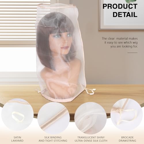2PCS Light Golden Mesh Wig Storage Bags with Drawstring - Dust-Free & Travel-Friendly