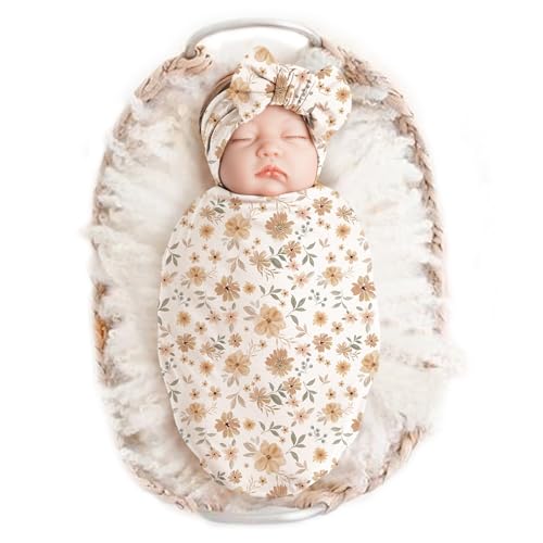 Konssy Baby Blanket & Headband Set - Soft Floral Swaddle for Newborns