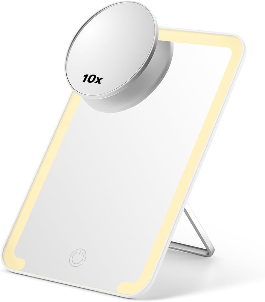 Lighted Makeup Mirror - 10X Magnifying Desk Mirror with Adjustable Stand & 3 Lighting Modes | 8 x 5 Inches, White