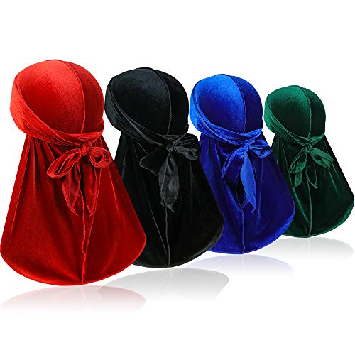 Men's Velvet Durags with Long Tail - 4 Pack (Black, Red, Blue, Green)