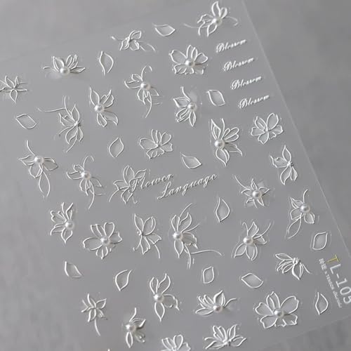 5D Embossed White Flower Nail Art Stickers - Self-Adhesive Decals