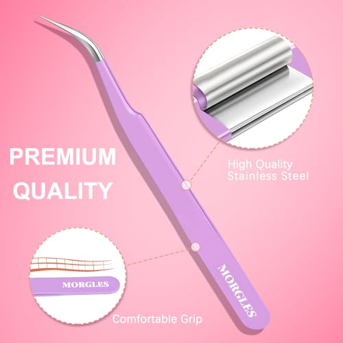 MORGLES High Precision Lash Tweezers Set for Eyelash Extensions, 5 in 1 Eyelash Extension Tweezers for Girls, Women, Professional Lash Extension Artists & Beginners