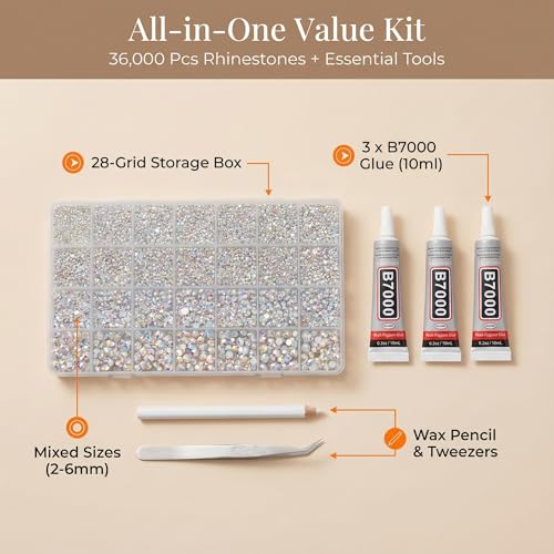 36,000pcs White AB Rhinestones Kit with B7000 Glue and Application Tools