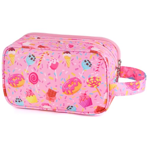 Foxstory Kids Toiletry Bag for Girls Candy Pink Travel Waterproof Hanging Cosmetic Bag for Toddlers