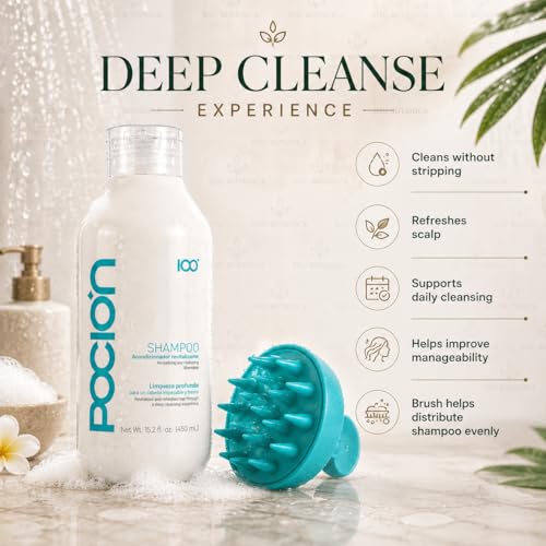 Poci?n Hair Care Bundle with Shampoo (Revitalizing Shampoo), Tratamiento (Repair Conditioner Treatment), Poci?n Brillo Infinito B8 Hair Oil & Scalp Massage Brush | 4-Piece Hair Care Set