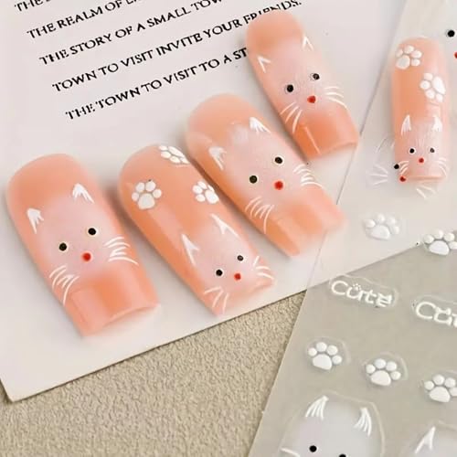 Cute Cat Nail Art Stickers - 2 Sheets 5D Self-Adhesive Decals