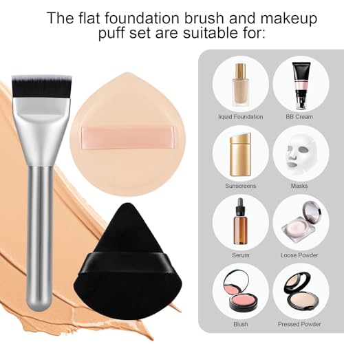Flat Foundation Brush & Powder Puff Set for Flawless Makeup