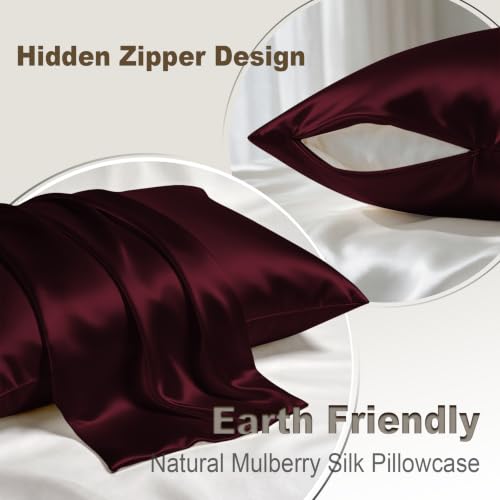 LYSHIN Mulberry Silk Pillowcase - Standard Size, Burgundy - Anti-Acne & Cooling