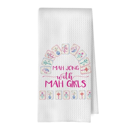 Decorative Pink Mahjong Kitchen Towels - 16x24 Waffle Weave