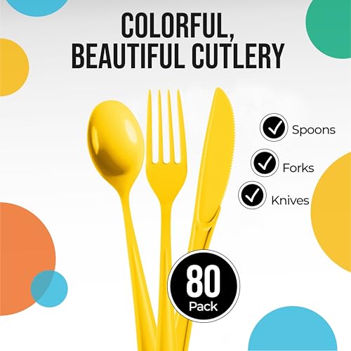 Heavy Duty Yellow Plastic Cutlery Set - 80 Pcs Disposable Utensils