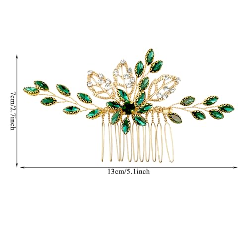 Auswalar Bridal Hair Comb 9 Green Gold Crystal Wedding Side Hair Clip for Bride