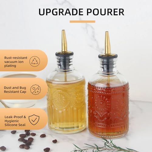 Glass Syrup Dispenser Bottles Set of 2 - 7 OZ with Pour Spouts & Labels