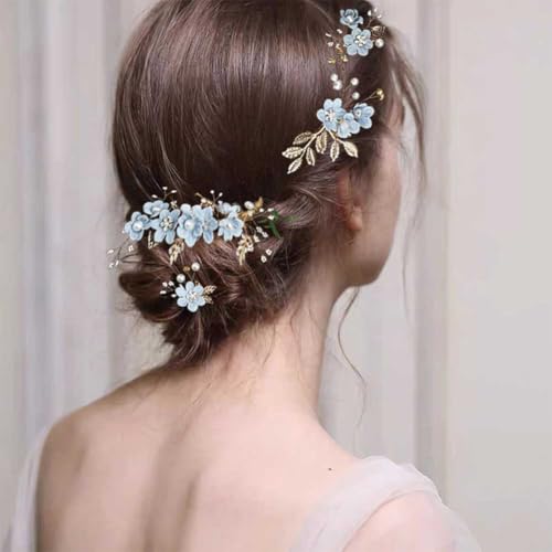 Gold & Blue Pearl Rhinestone Hair Comb for Brides & Bridesmaids