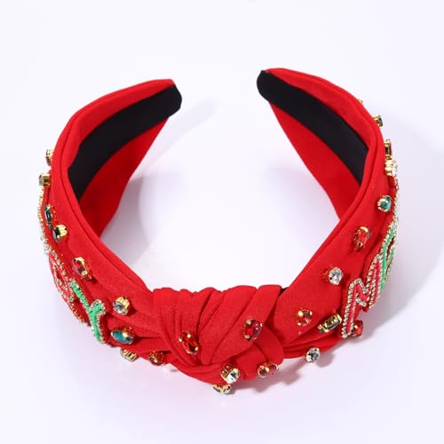 NVENF Plaid Christmas Headband with Pearls and Rhinestones, Red