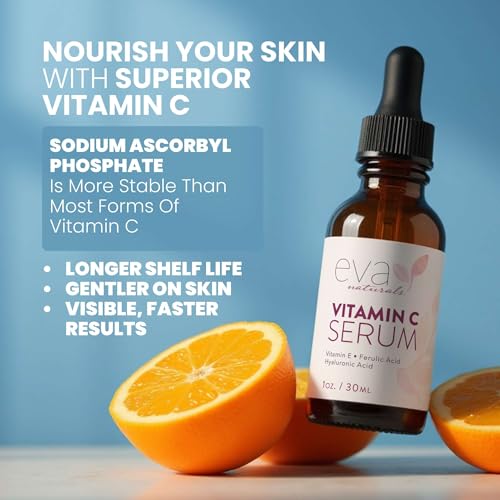 Eva Naturals Vitamin C Serum 20% with Hyaluronic & Ferulic Acid, 1 Fl Oz