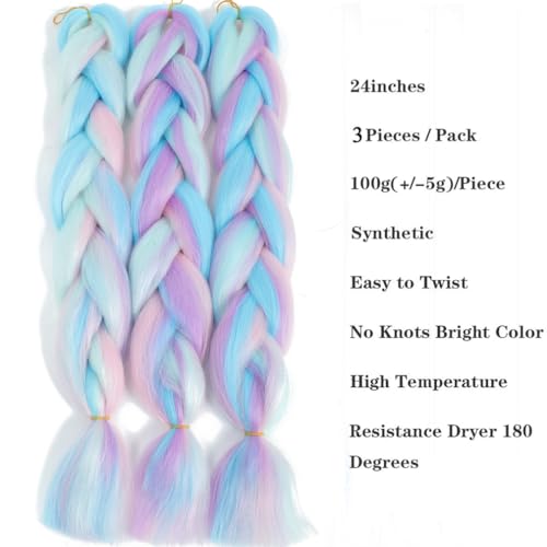 Rainbow Braiding Hair 3 Packs 24inch Jumbo Synthetic Extensions for Twist & Box Braids - Pink/Blue/Purple/Light Cyan