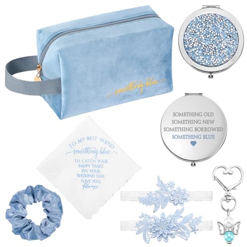 Hanaive Wedding Gift Set for Bride - Blue Cosmetic Bag Handkerchief Garter Mirror Charm