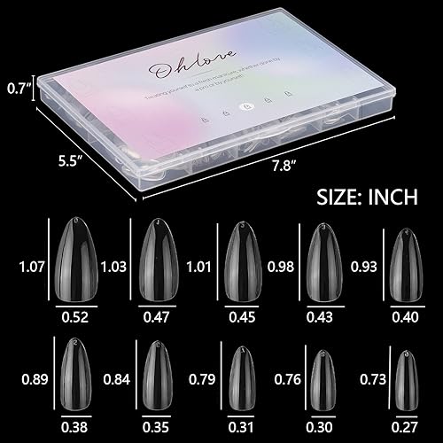 Ohlove 500Pcs Almond Clear Full Cover Nail Tips (10 Sizes) - A-Almond-Clear fake nails