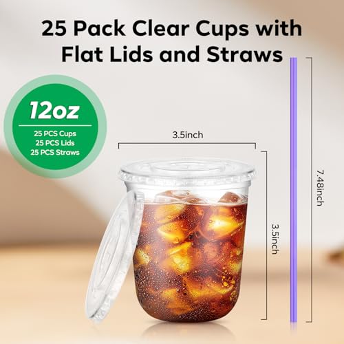 25 Pack 12 oz Clear Disposable Plastic Cups with Lids & Straws