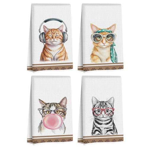 Cute Cat Kitchen Towels - 4 Pack, Absorbent Microfiber Dish Cloths