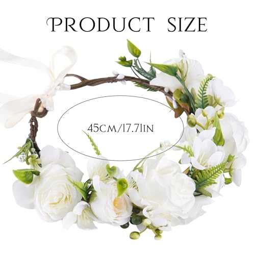 KorViSHOW White Flower Crown Headband Bridal Boho Floral Headpiece