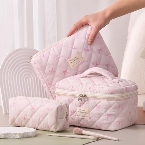 3pcs Pink Slimbow Cotton Quilted Makeup Bag Set for Travel