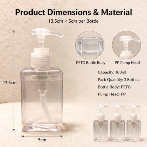 Refillable 100ml Transparent PETG Pump Bottles Set for Shampoo, Shower Gel & Lotion – 3-Pack