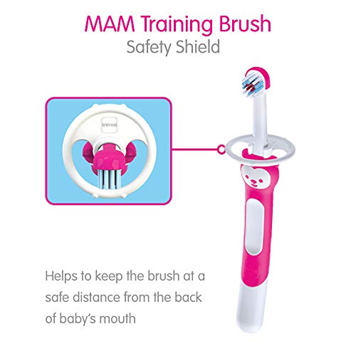 MAM Baby Training Toothbrush with Safety Shield & Character Brushy The Bear – Pink, Pack of 2, 5+ Months