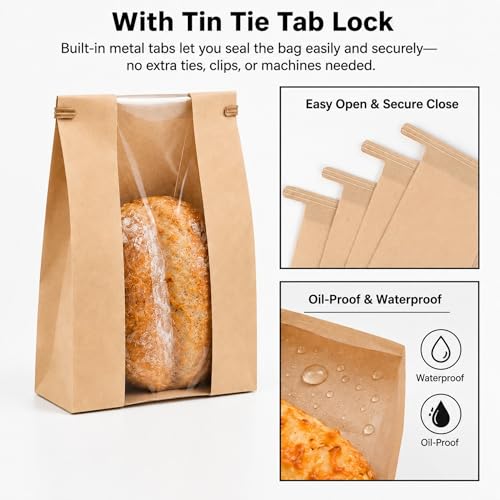 NPLUX 50-Pack Kraft Paper Bread Bags with Clear Window & Tin Tie