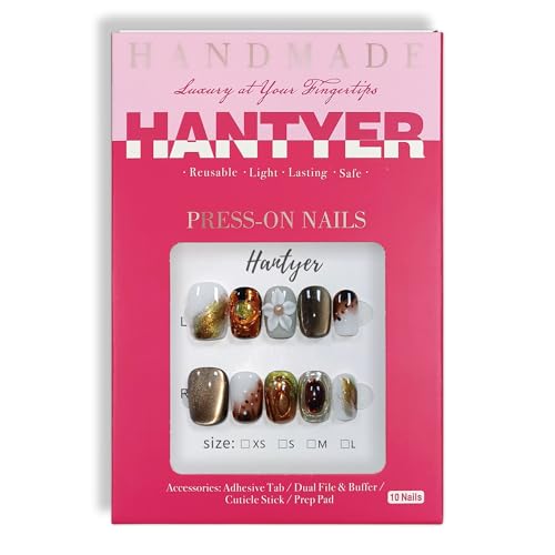 Hantyer XS Coffee Brown Cat Eye Ombre Press-On Nails with Handmade 3D Flowers & Gold Glitter - Short Square, Reusable Fake Nails for Women