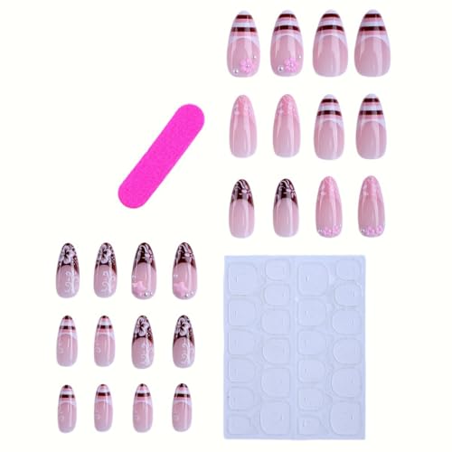 Medium Almond Press-On Nails with French Tips & 3D Design - 24 Pcs