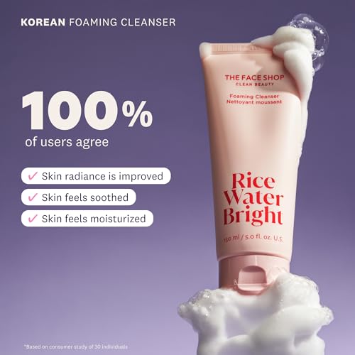 The Face Shop Rice Water Bright Foaming Cleanser - Hydrating Korean Face Wash, 10.1 fl oz, Vegan, Deep Pore Cleansing