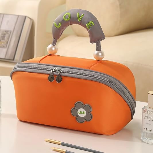 Orange Large Makeup Bag - Spacious Travel Cosmetic Pouch for Women