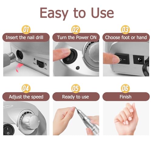 A4 Silver Electric Nail Drill Machine 30000RPM with 6 Sanding Bands & Bits for Home & Salon