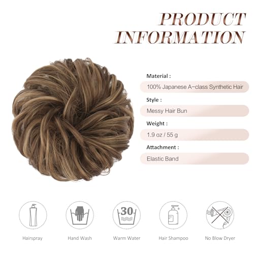 FESHFEN Large Messy Bun Hair Piece - Wavy Synthetic Chignon for Women, Brown Mixed Honey Blonde, 1.94oz, Variation 22H10#