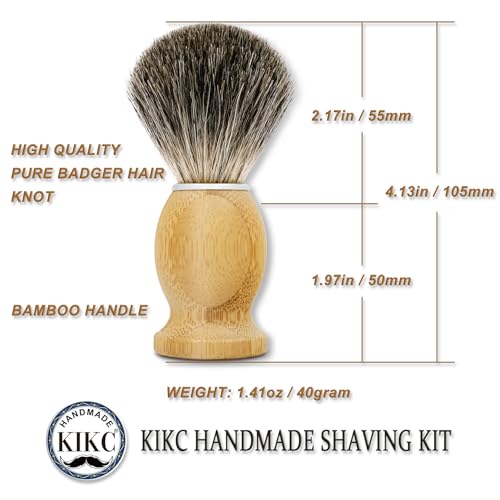 KIKC Hand Crafted Pure Badger Shaving Brush for Wet Shave, Comfortable Bamboo Handle, Soft Bristle, Best Gift for Bearded Man