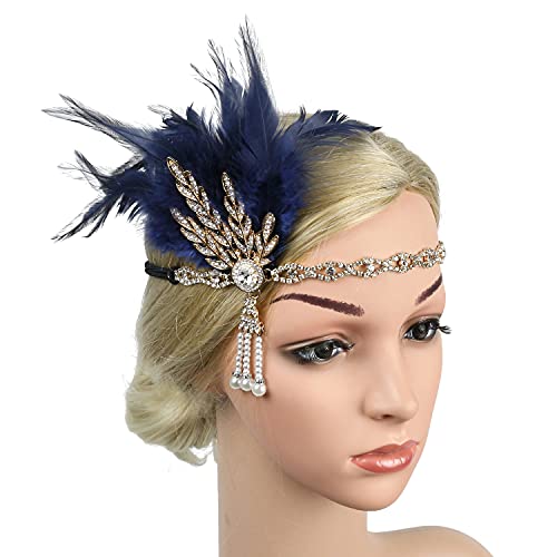 StarDY Vintage 1920s Flapper Feather Headband - Blue & Gold