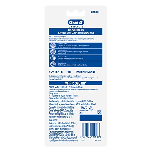 Oral-B Criss Cross Deep Clean Manual Toothbrush Set for Adults – 4 Pack with Tongue Cleaner
