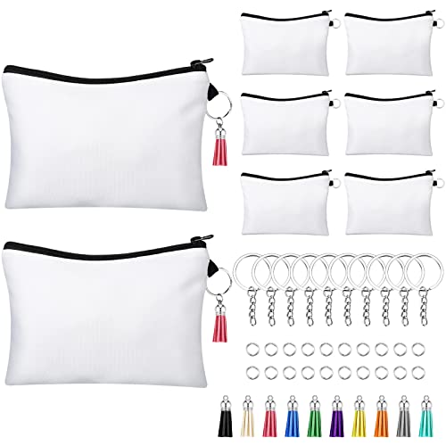 Customizable Sublimation Makeup Bags Set - Canvas Cosmetic Pouches with Tassels & Keychains, 8 Pack