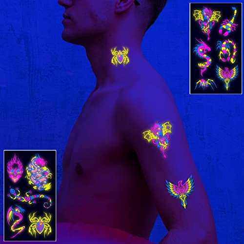 Maripabon Neon Dragon Scorpion Temporary Tattoos 61 Pc Glow UV Body Art