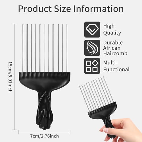 3-Pack Metal Afro Picks - 6" Curl Detangling Combs with Fist Grip