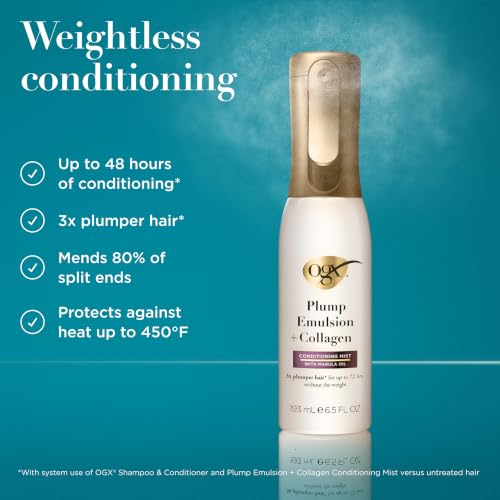 OGX Plump Emulsion + Collagen Conditioning Hair Mist, 6.5 oz - Volumizing Spray with Marula Oil for Fine Hair