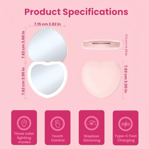 Pink LED Travel Makeup Mirror - 1X/2X Magnifying, Dimmable & USB Rechargeable
