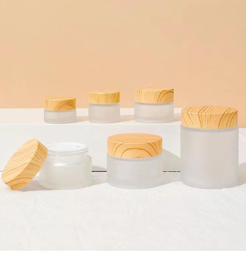 White Frosted Glass Cosmetic Jars 100g Refillable Containers with Wood Grain Lids - Travel Size
