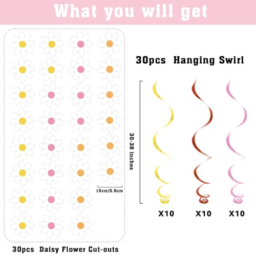 60pcs Daisy Flower Hanging Swirls - Boho Party Decor Set