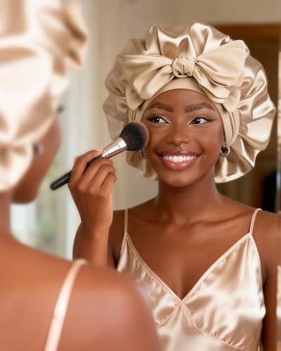 YANIBEST Champagne Satin Sleep Bonnet for Women, Double Layer Hair Frizz Control